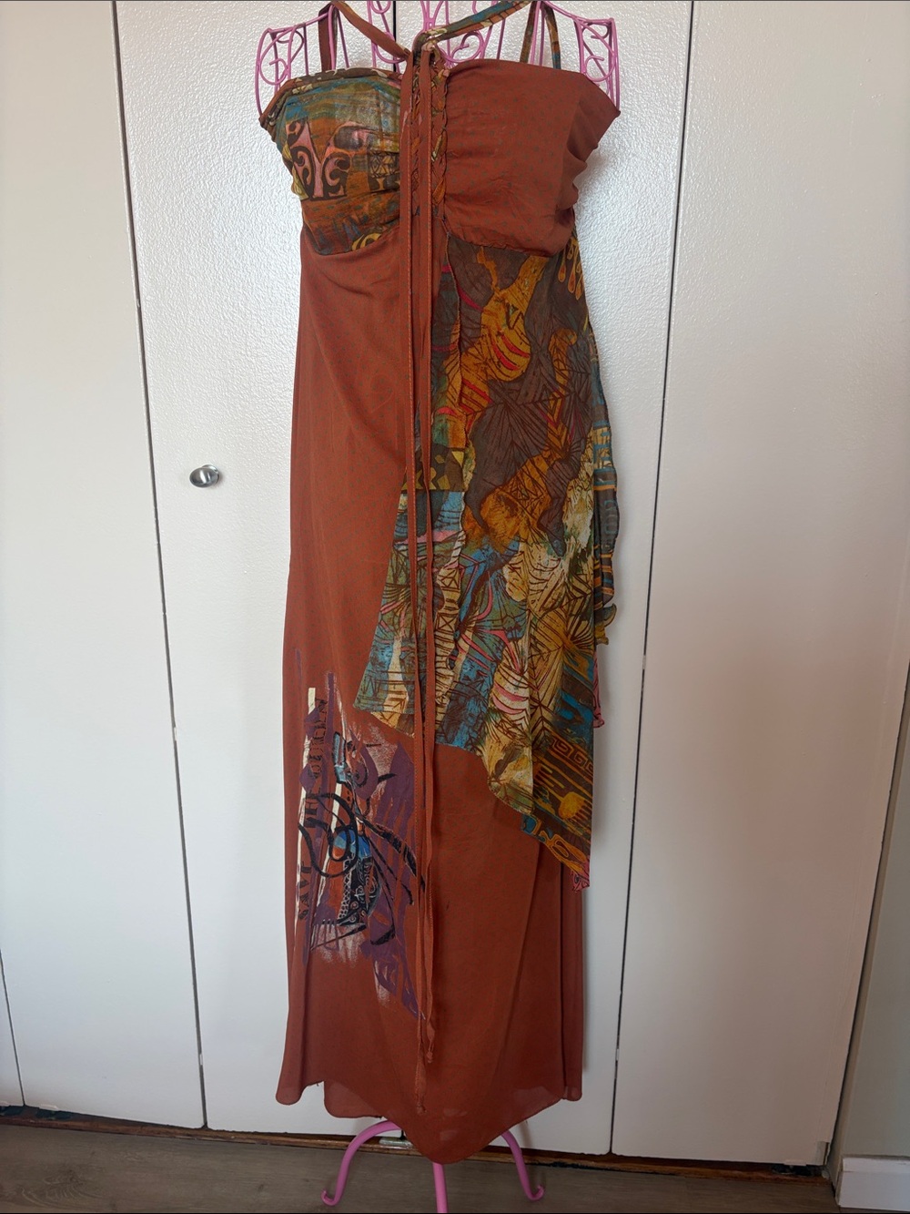 Save The Queen Rust Brown Strapless Maxi Dress with Multicolor Print
